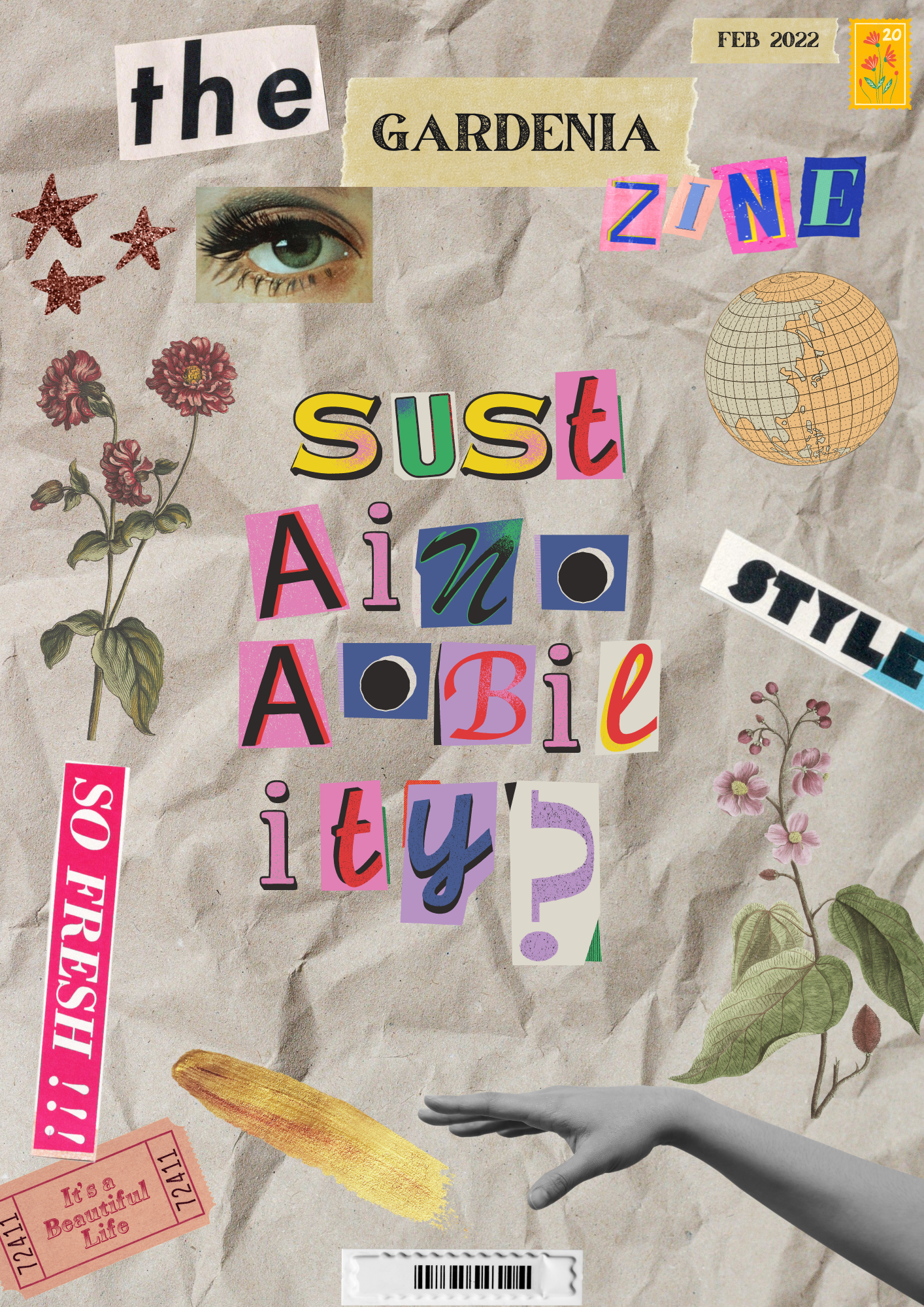Collage-style cover, a crumpled paper background with stickers and letters spelling out sustainability?